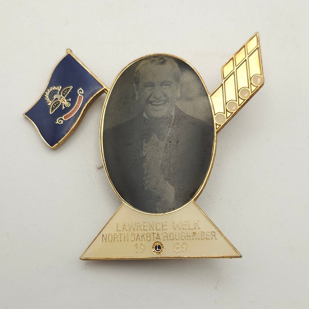 Vintage 1989 Lawrence Welk North Dakota Roughrider Award Goldtone Large Pinback
